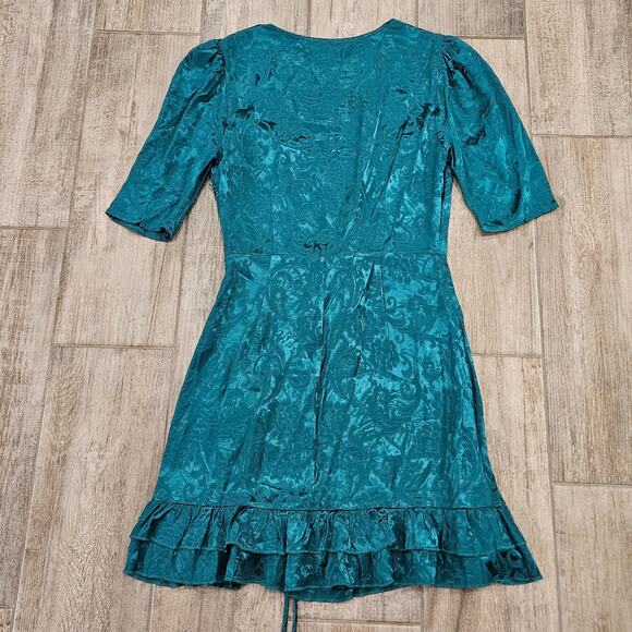 Revolve Majorelle Dress Size M Green Satin Floral Jacquard Puff Sleeve Ruffle - Picture 12 of 16